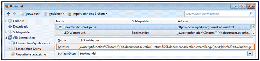 JavaScript eines Bookmarklet